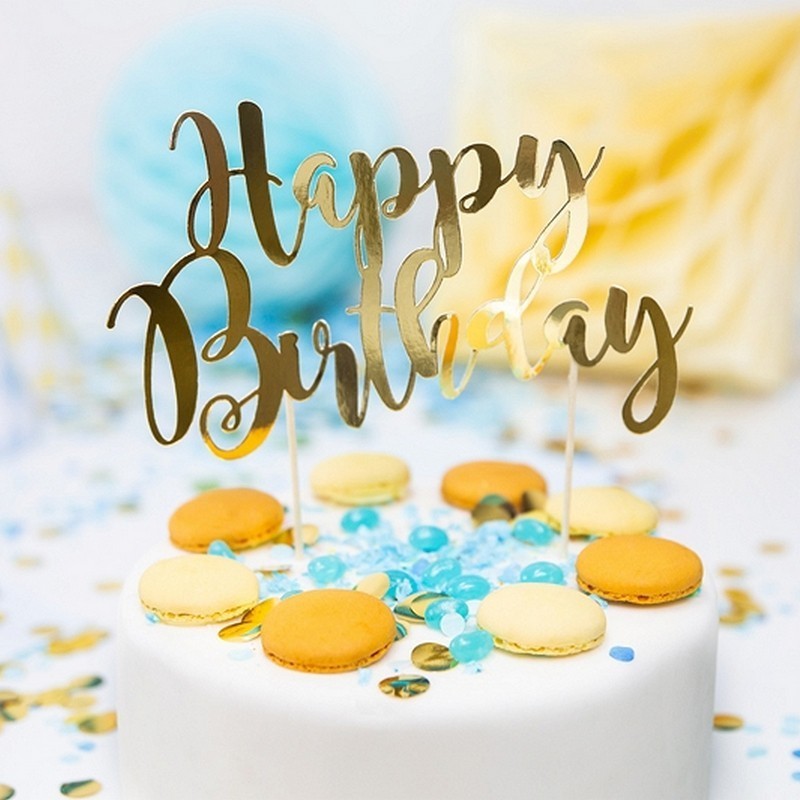 Topper na tort złoty z napisem Happy Birthday