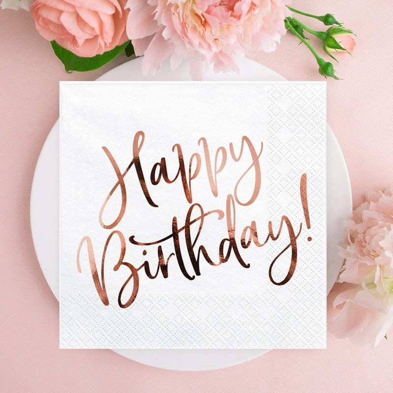 Białe serwetki na urodziny z napisem Happy Birthday