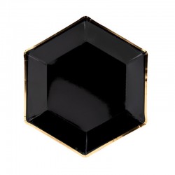 TALERZE papierowe Czarne ze złotym paskiem Heksagon 23cm 6szt