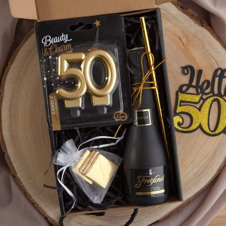 PREZENT na 50 urodziny czarny BOX z IMIENIEM wino+świeczka LUX