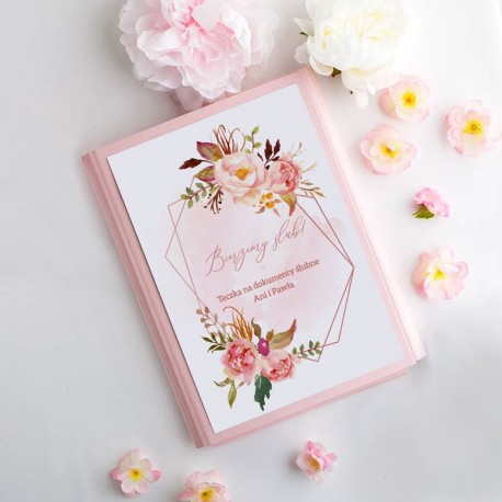 TECZKA na dokumenty ślubne Z IMIONAMI Rosegold Flowers Różowa