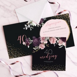 ZAPROSZENIA na 40 urodziny Flowery Black 10szt (+koperty)