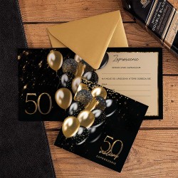 ZAPROSZENIA na 50 urodziny Gold Balloons 10szt (+koperty)