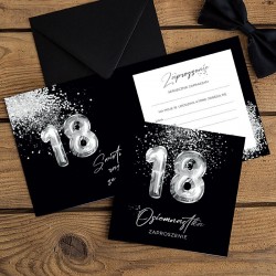 ZAPROSZENIA na 18 urodziny czarno-srebrne Glittery 10szt (+koperty)