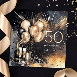 ZAPROSZENIA na 50 urodziny dla kobiety eleganckie czarno-złote 10szt (+koperty)