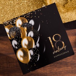 ZAPROSZENIA na 18 urodziny Black&Gold Balloons 10szt (+koperty)