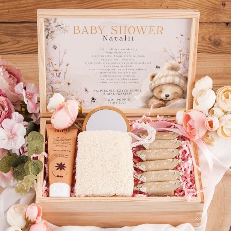 PREZENT na Baby Shower dla przyszłej Mamy w skrzynce Z PODPISEM Zestaw do pielęgnacji