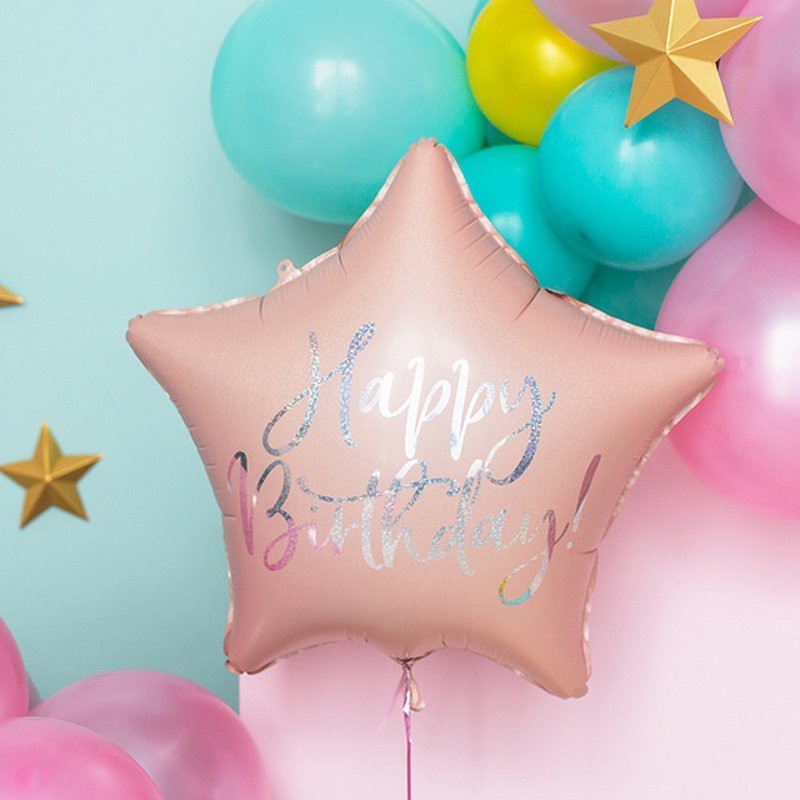 Balon gwiazda różowy happy birthday