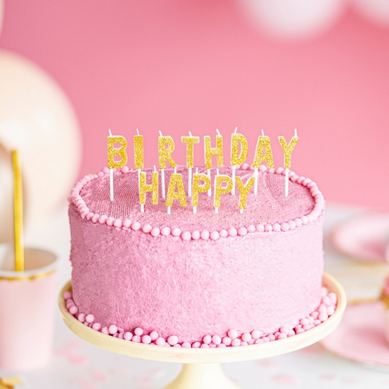 Happy birthday złote świeczki tort