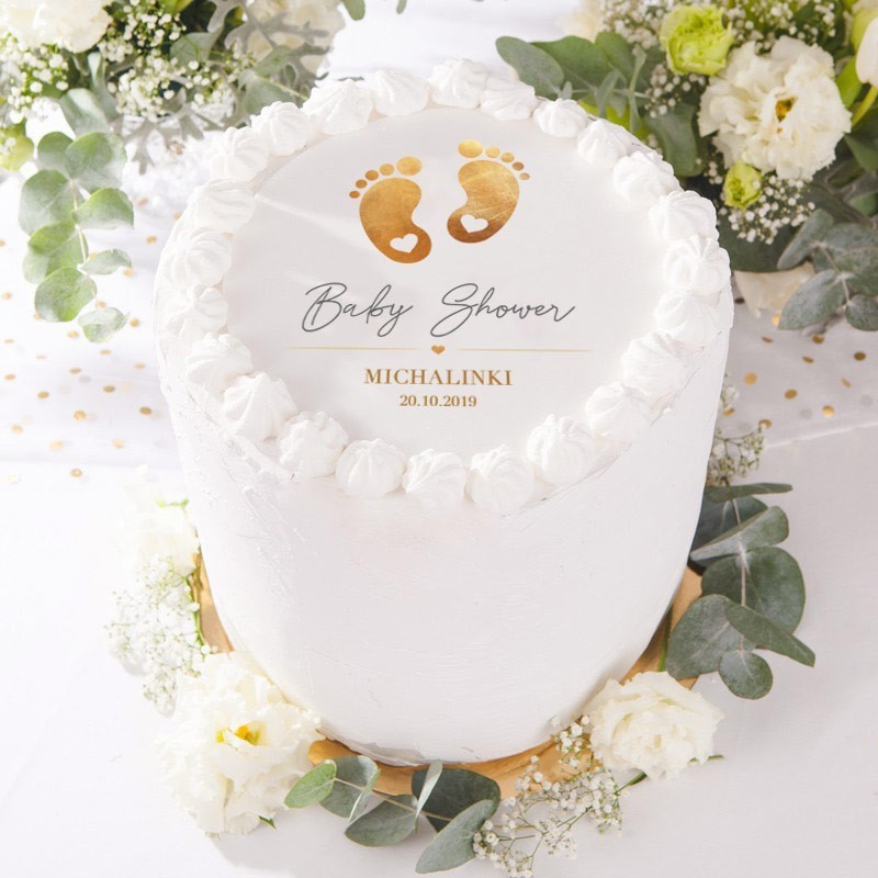 Opłatek na tort na Baby Shower z modnym i uroczym motywem Złotych Stópek