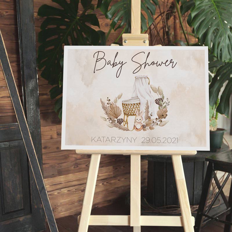 Personalizowany plakat na Baby Shower z motywem kołyski w stylu boho