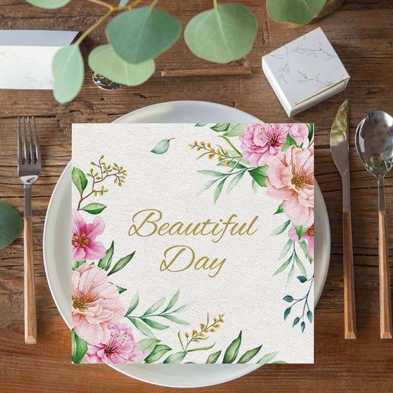 Flizelinowe serwetki z kwiatowym motywem i napisem Beautiful Day