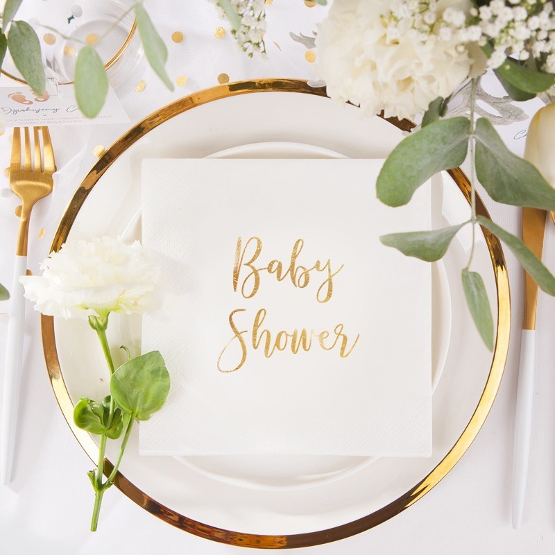 Piękne białe serwetki z złotym napisem Baby Shower