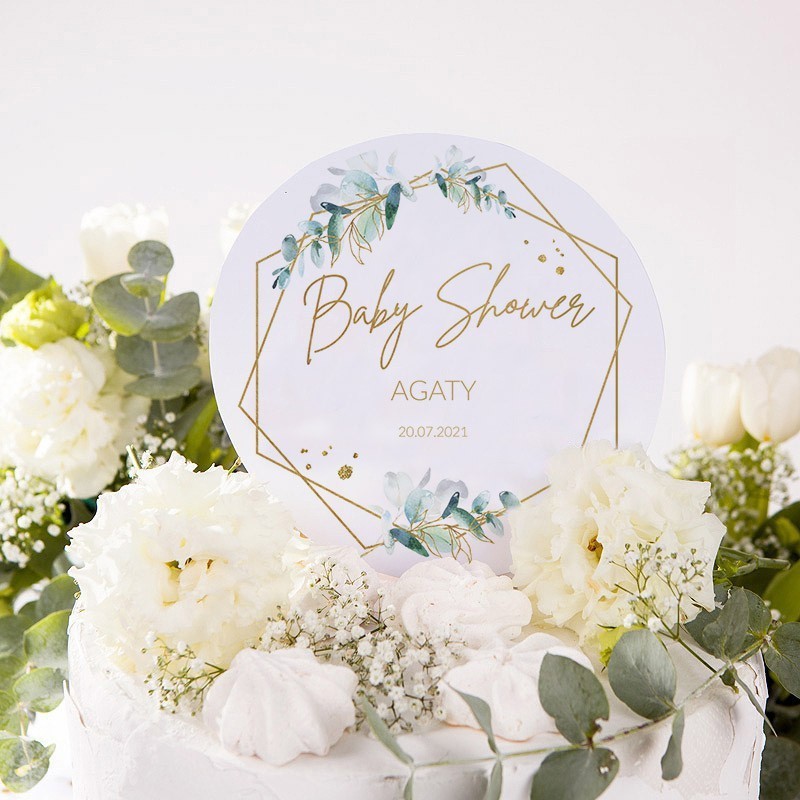 Topper na tort na Baby Shower z personalizacją i botanicznym motywem
